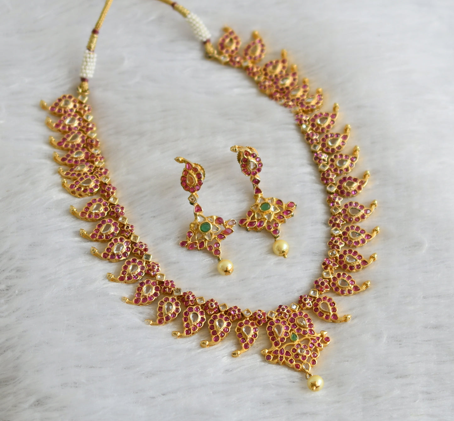 Gold tone pink-green-white real uncut polki mango necklace set dj-47528