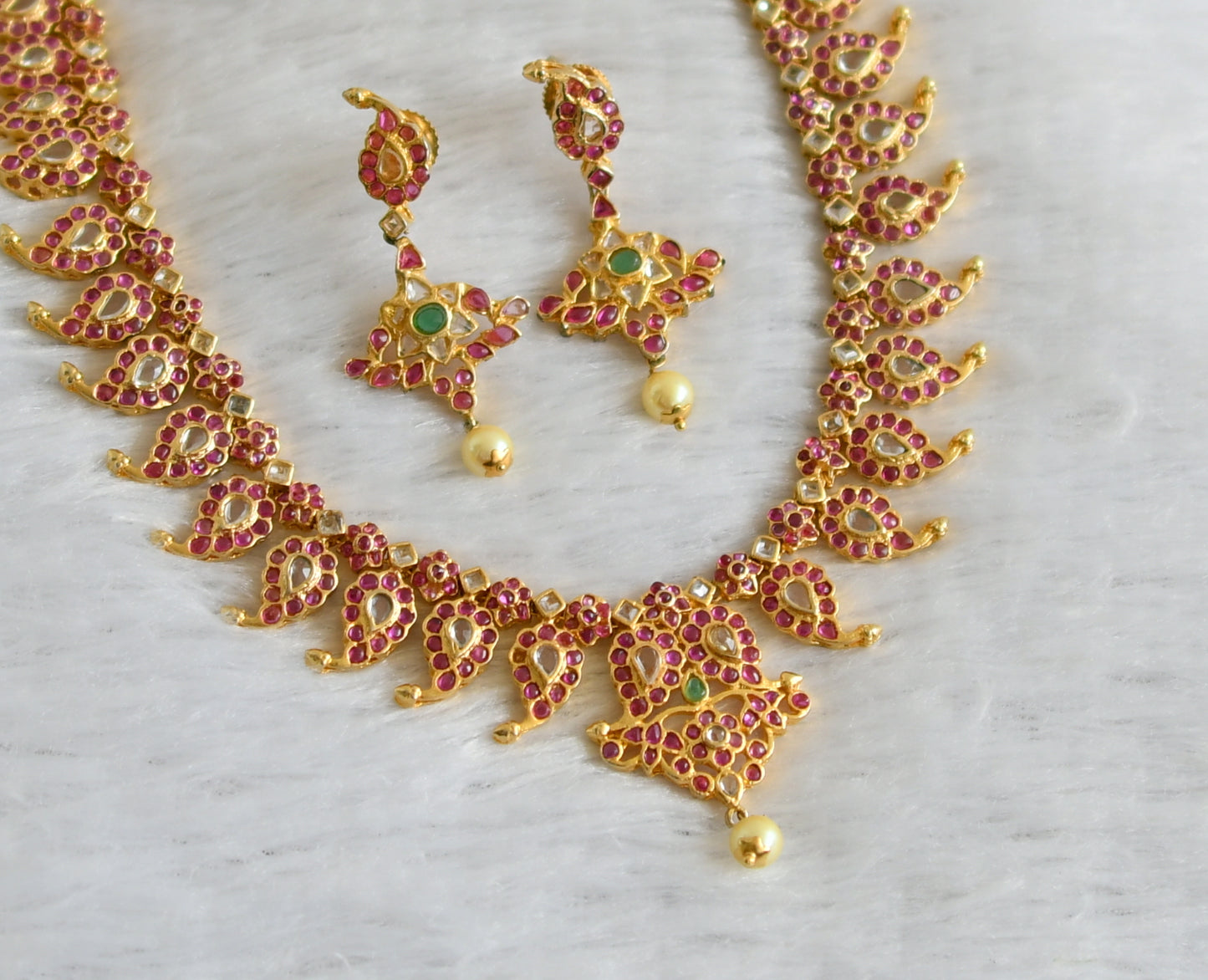 Gold tone pink-green-white real uncut polki mango necklace set dj-47528