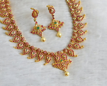 Gold tone pink-green-white real uncut polki mango necklace set dj-47528