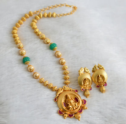 Gold tone uncut polki pink-pearl-green pumpkin beaded lakshmi necklace set dj-47525