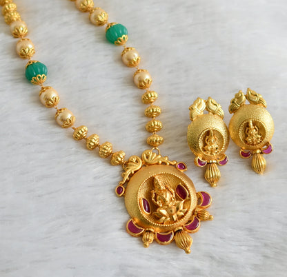 Gold tone uncut polki pink-pearl-green pumpkin beaded lakshmi necklace set dj-47525