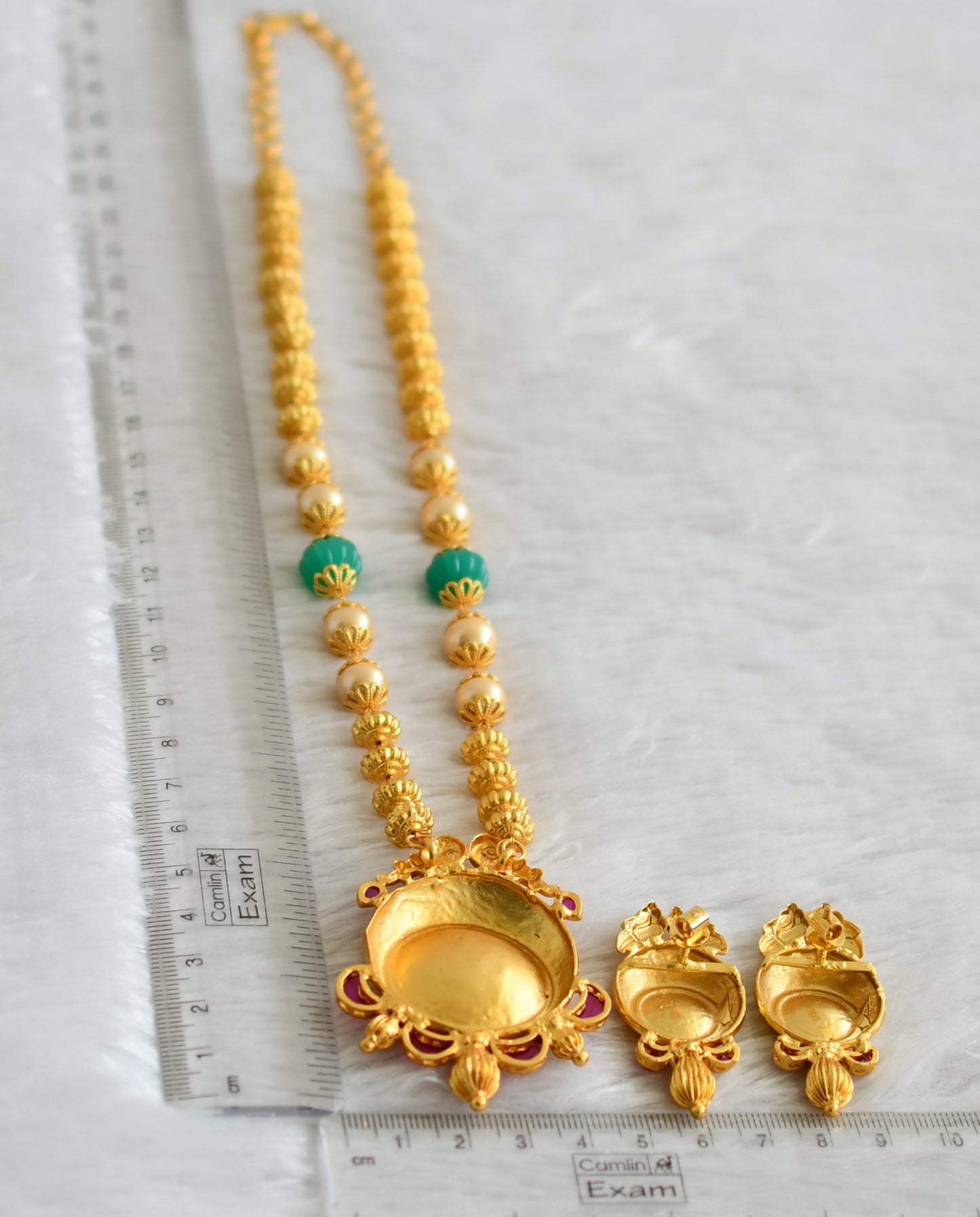 Gold tone uncut polki pink-pearl-green pumpkin beaded lakshmi necklace set dj-47525