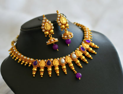 Gold tone purple-pearl stone lakshmi necklace set dj-45892