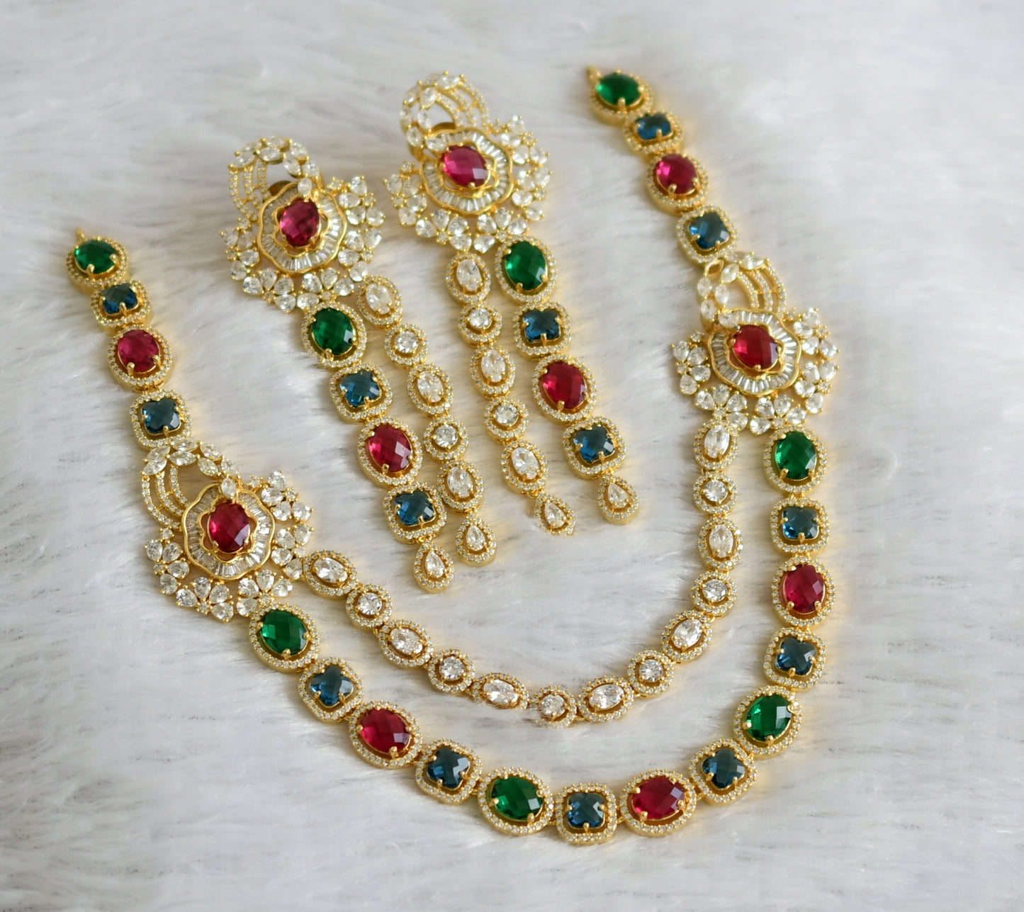 Gold tone ad multi color stone double layer necklace set dj-47536