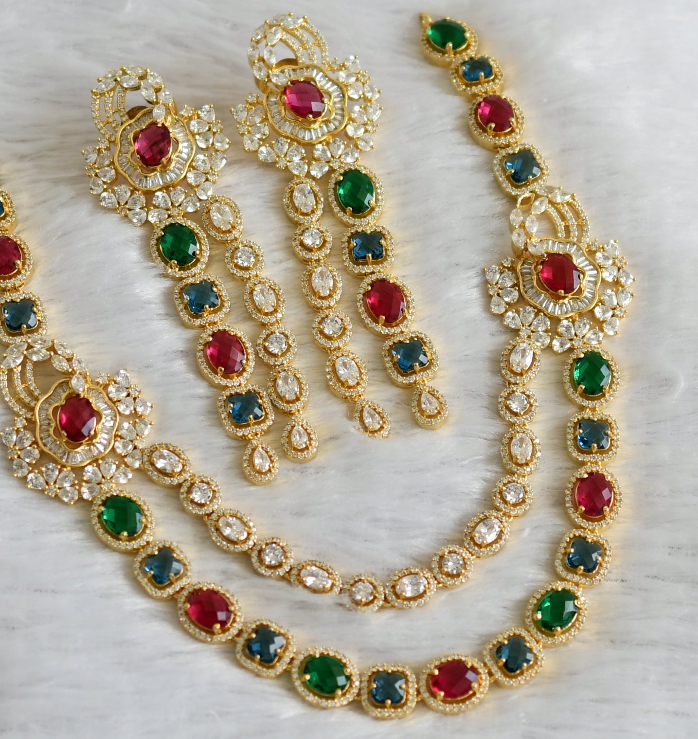 Gold tone ad multi color stone double layer necklace set dj-47536