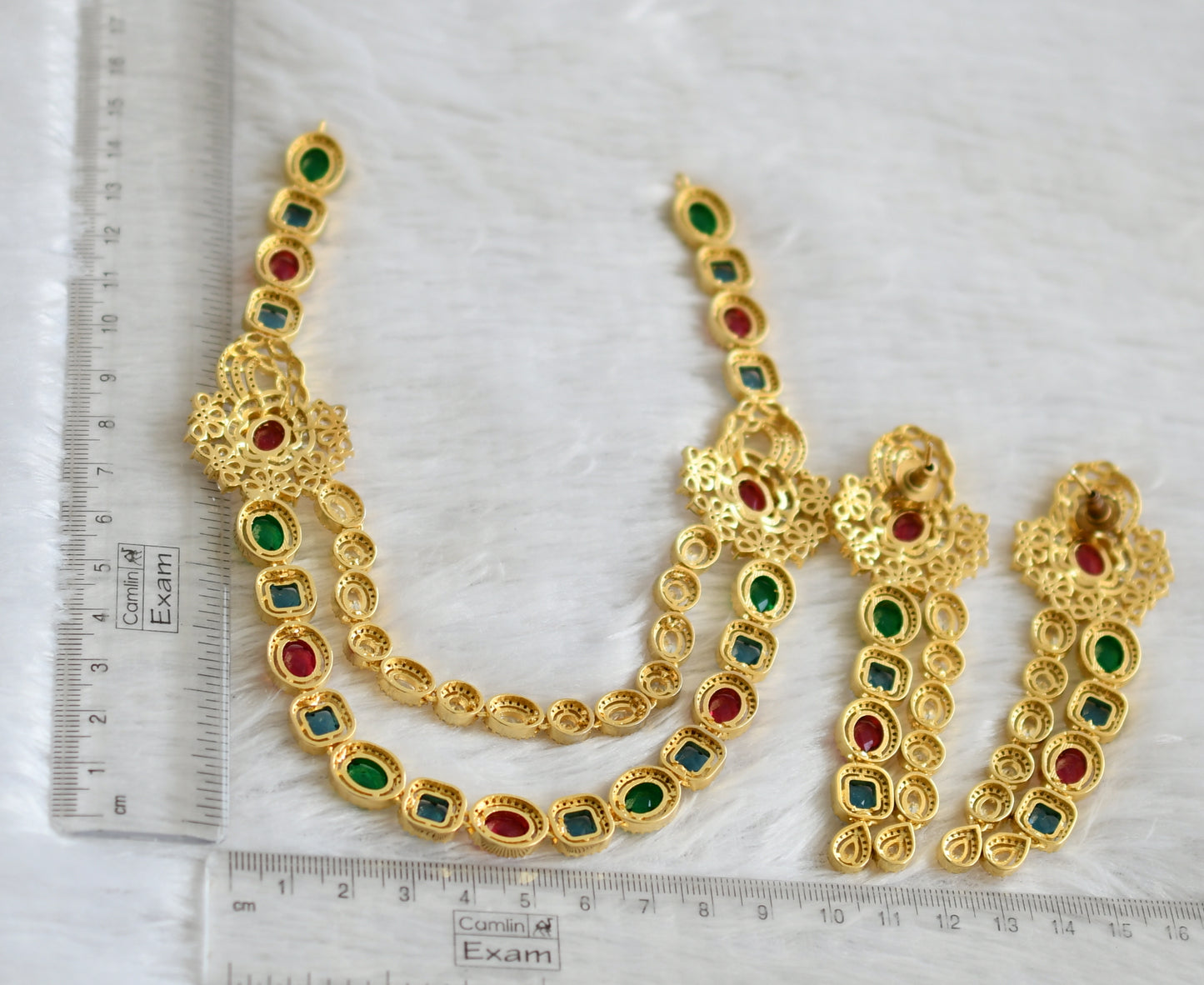 Gold tone ad multi color stone double layer necklace set dj-47536