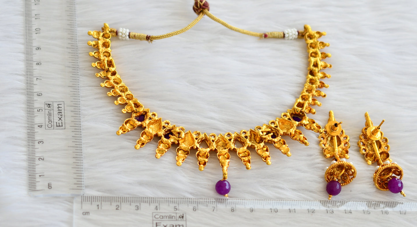 Gold tone purple-pearl stone lakshmi necklace set dj-45892