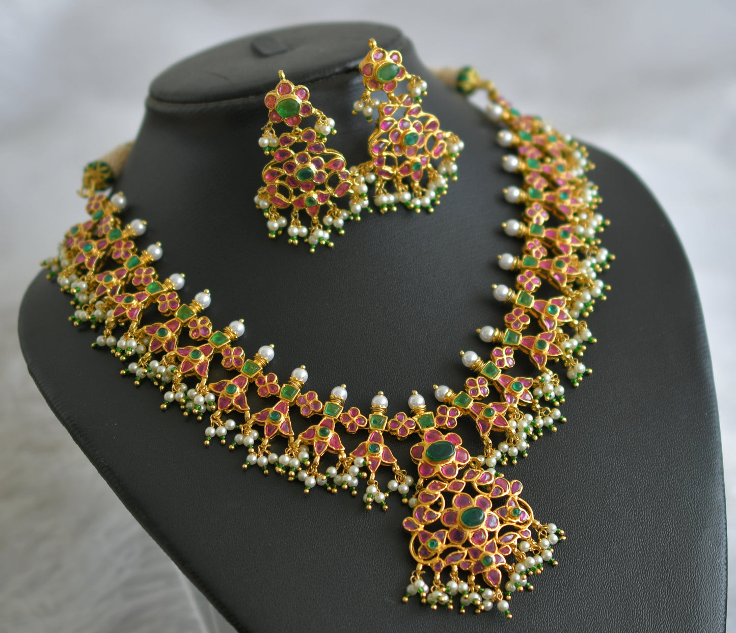 Gold tone pink-green real uncut polki flower necklace set dj-47527