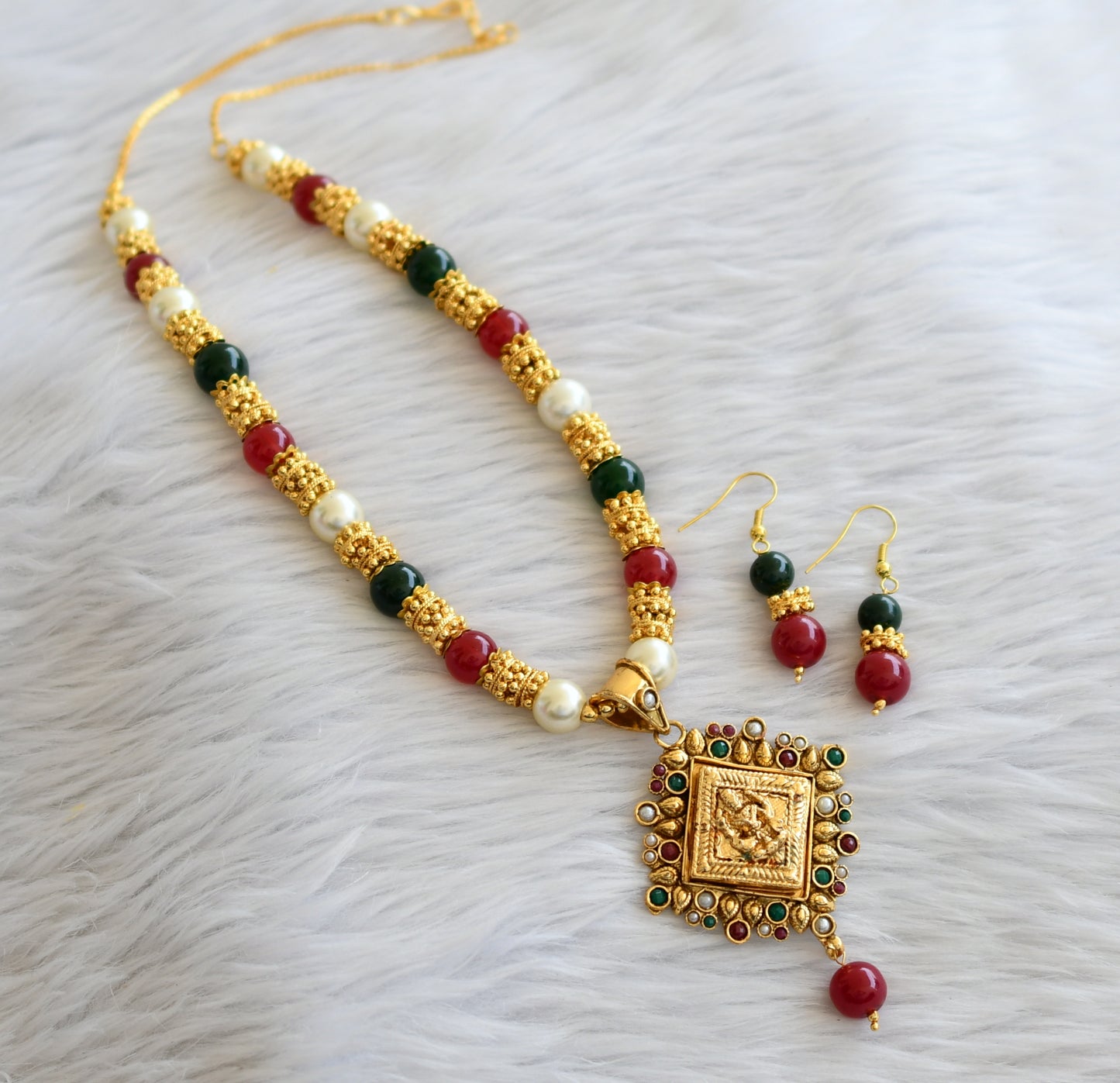 Antique kemp-green-pearl beaded lakshmi hand made necklace set dj-45889