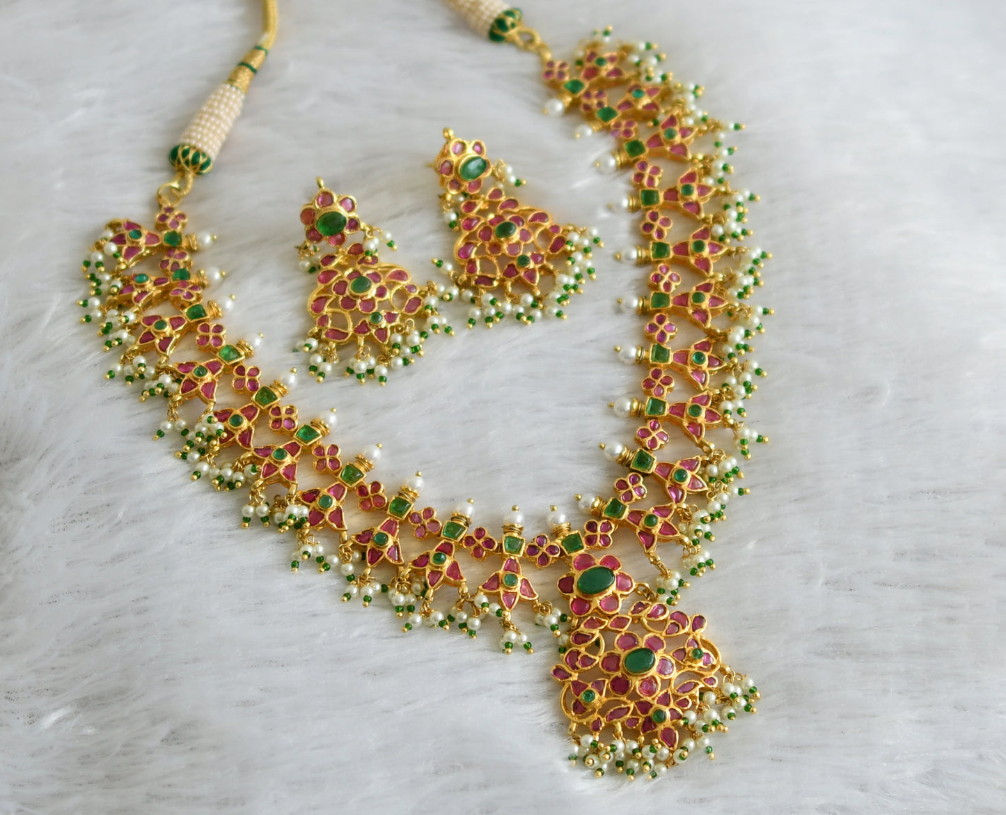 Gold tone pink-green real uncut polki flower necklace set dj-47527