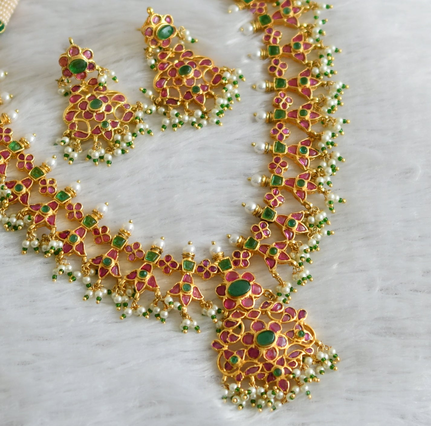 Gold tone pink-green real uncut polki flower necklace set dj-47527