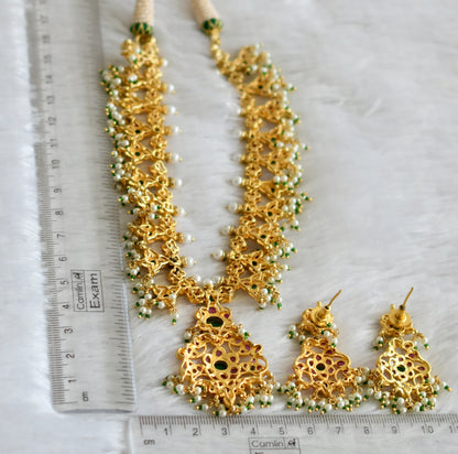 Gold tone pink-green real uncut polki flower necklace set dj-47527