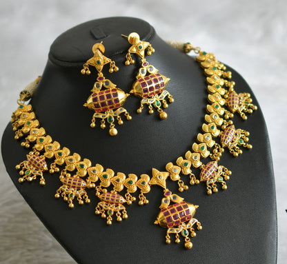 Gold tone pink-green-white uncut polki necklace set dj-47537