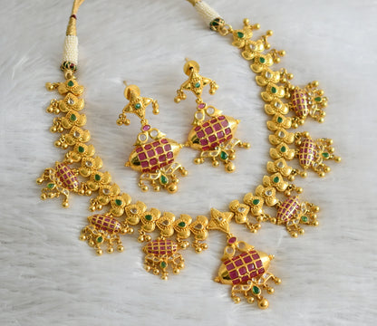 Gold tone pink-green-white uncut polki necklace set dj-47537