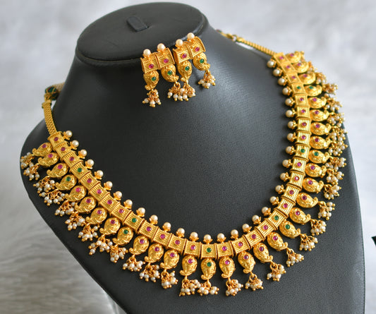 Gold tone ruby-green-pearl cluster mango necklace set dj-47538