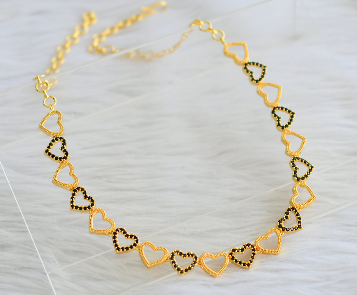 Gold tone black stone heart necklace dj-44147