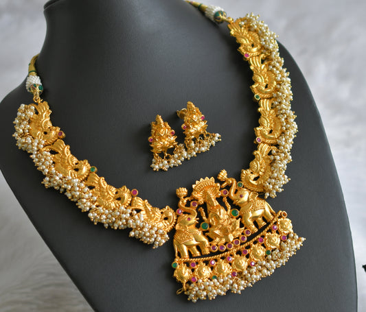 Gold tone ruby-green pearl cluster gajalakshmi necklace set dj-47540