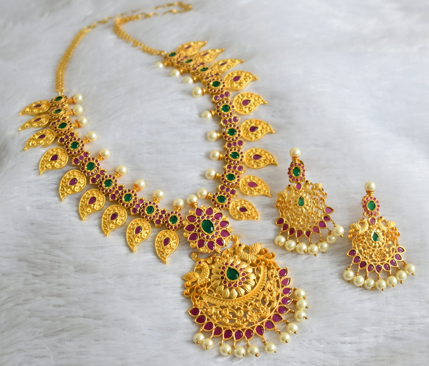 Gold tone ruby-green pearl mango peacock necklace set dj-47545