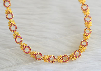 Gold tone ruby stone round flower necklace dj-44150