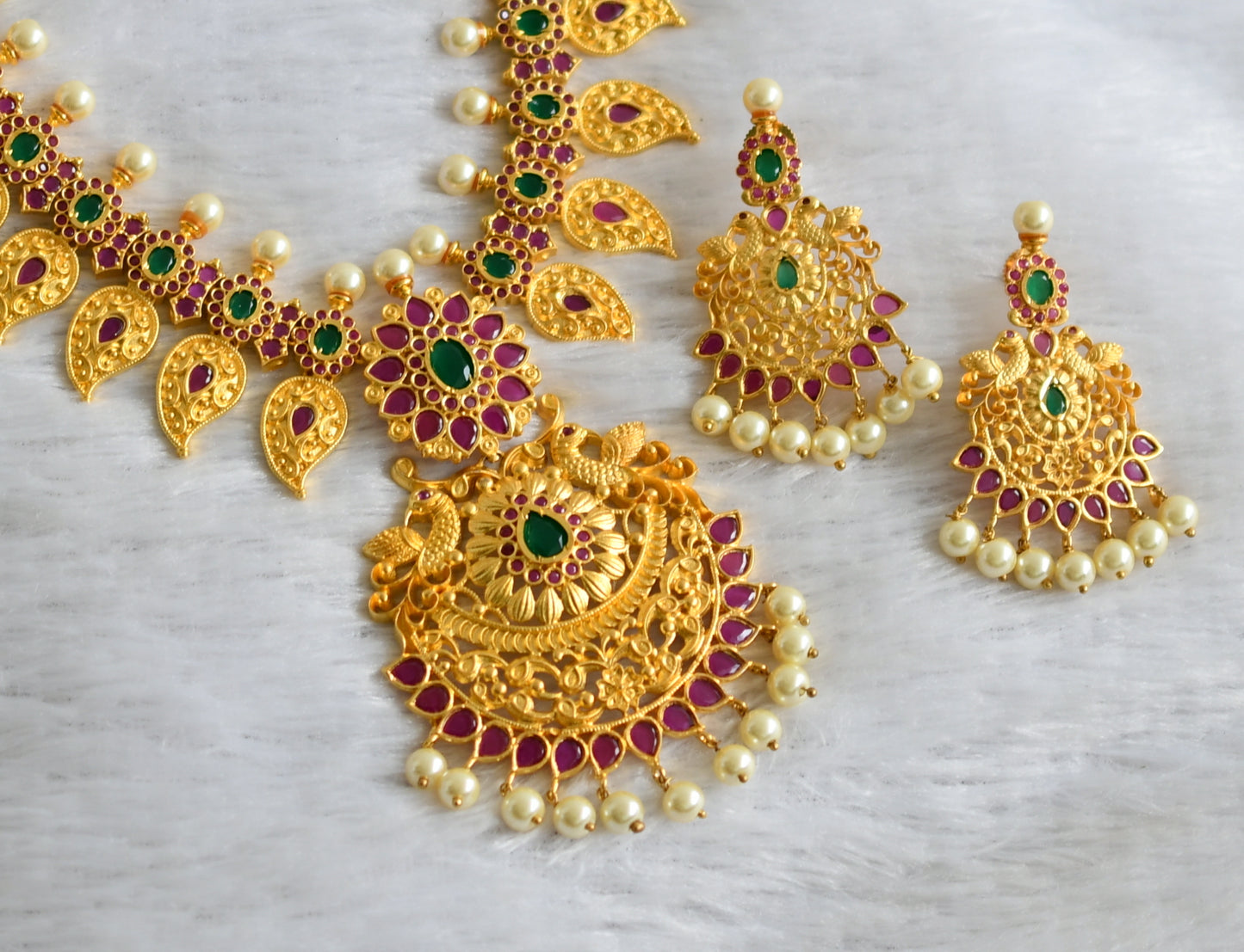 Gold tone ruby-green pearl mango peacock necklace set dj-47545