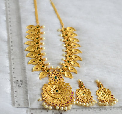 Gold tone ruby-green pearl mango peacock necklace set dj-47545