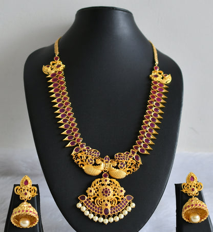 Gold tone ruby stone pearl peacock necklace set  dj-47543