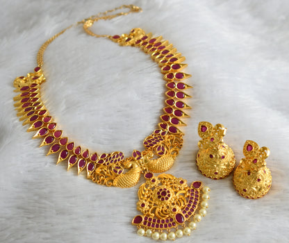 Gold tone ruby stone pearl peacock necklace set  dj-47543