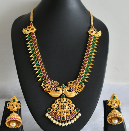 Gold tone ruby-green pearl peacock necklace set dj-47544