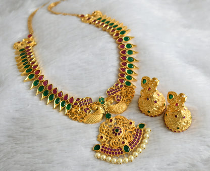 Gold tone ruby-green pearl peacock necklace set dj-47544