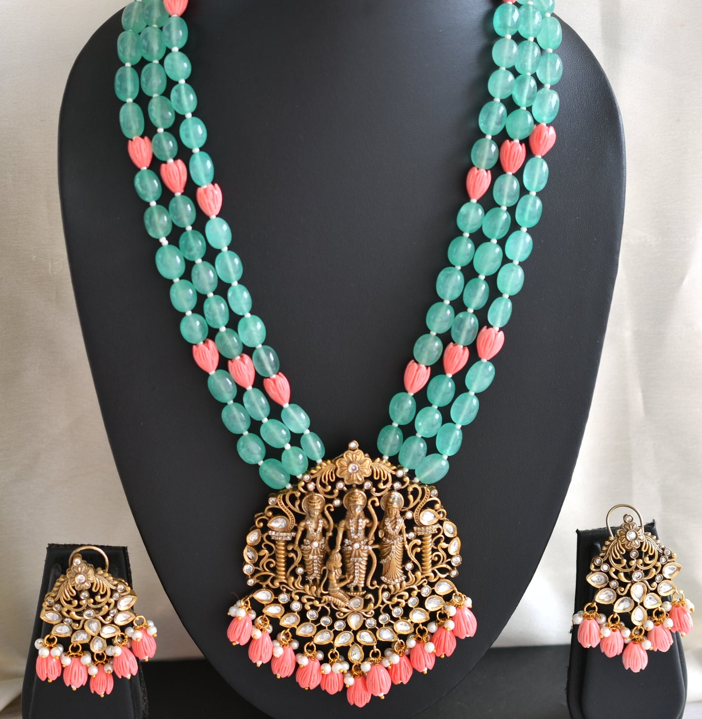 Antique cz sea green-tulip beaded Ram Parivar Victorian haar set dj-42760