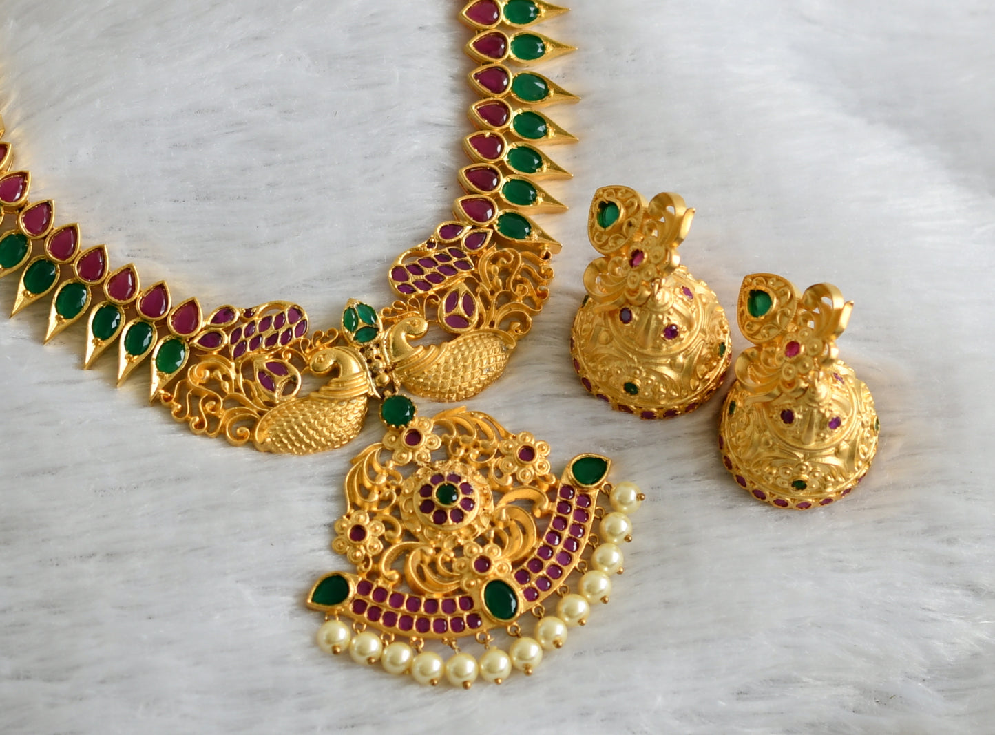 Gold tone ruby-green pearl peacock necklace set dj-47544