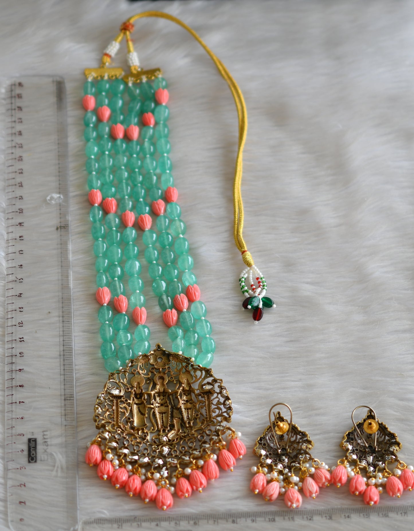 Antique cz sea green-tulip beaded Ram Parivar Victorian haar set dj-42760