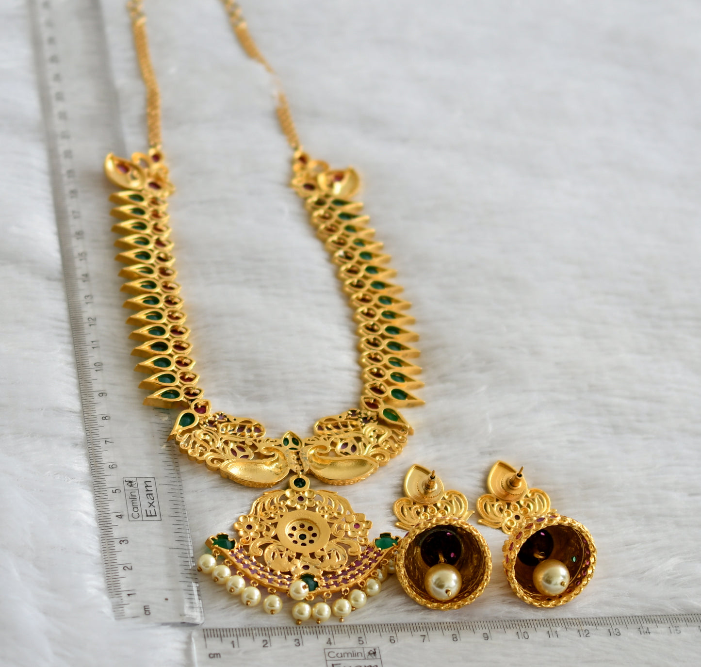 Gold tone ruby-green pearl peacock necklace set dj-47544