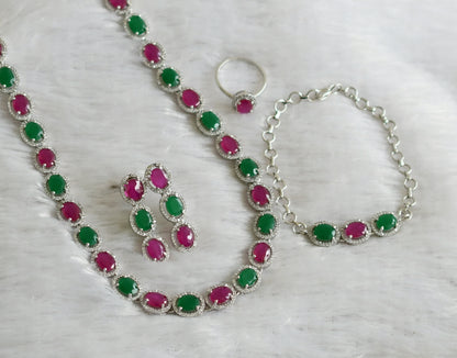 Silver tone cz ruby-green-white round combo haar set dj-47556