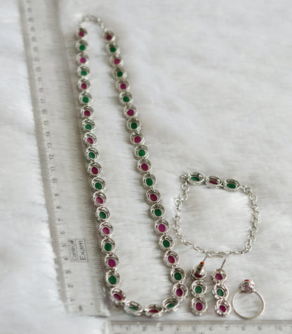 Silver tone cz ruby-green-white round combo haar set dj-47556