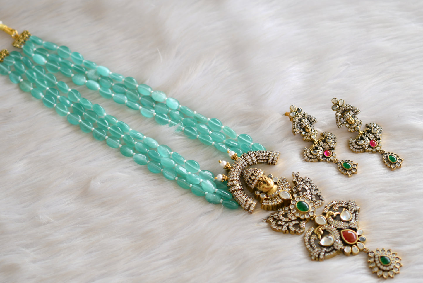 Antique cz sea green Balaji Peacock Victorian short haar set dj-42761