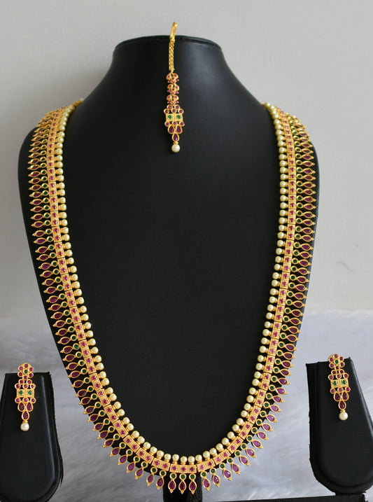 Gold tone ruby-green pearl haar set with tikka dj-47553