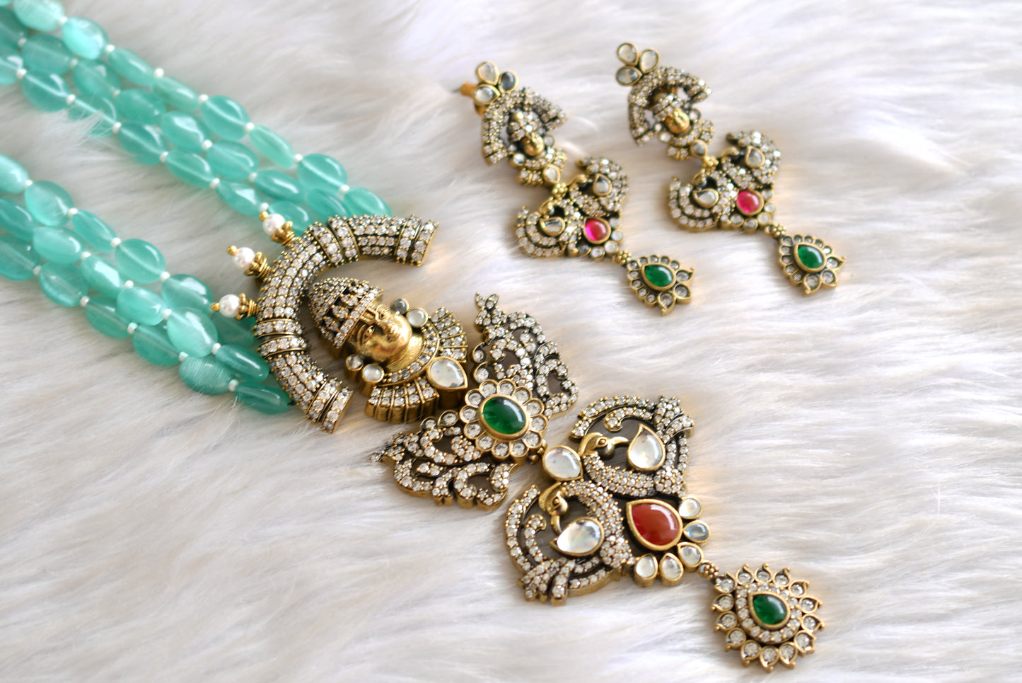 Antique cz sea green Balaji Peacock Victorian short haar set dj-42761