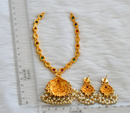 Antique gold tone navarathna oval stone lakshmi peacock necklace set dj-45906