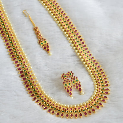 Gold tone ruby-green pearl haar set with tikka dj-47553