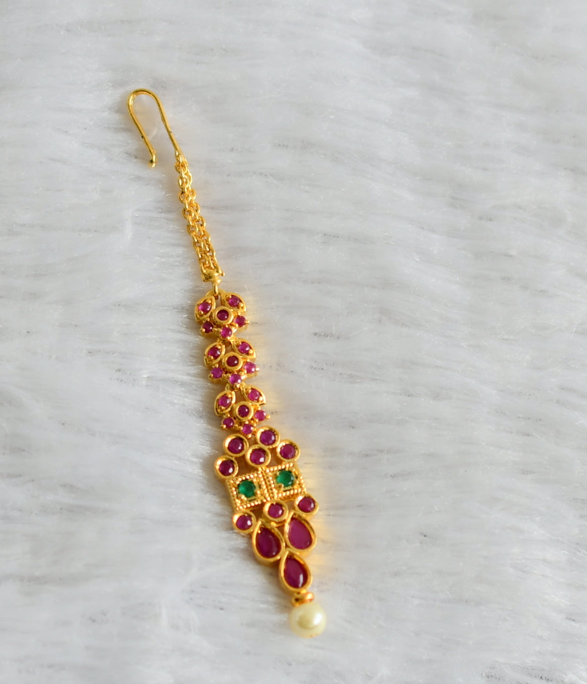 Gold tone ruby-green pearl haar set with tikka dj-47553