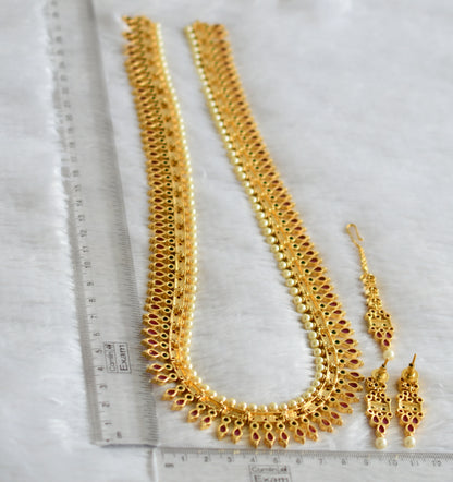 Gold tone ruby-green pearl haar set with tikka dj-47553