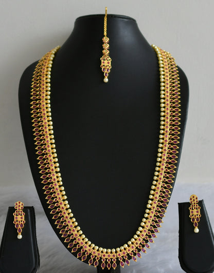 Gold tone ruby pearl haar set with tikka dj-47554