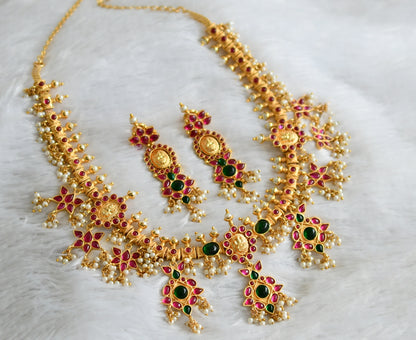 Gold replica real kemp-green-pearl gutta pusalu lakshmi necklace set dj-47552