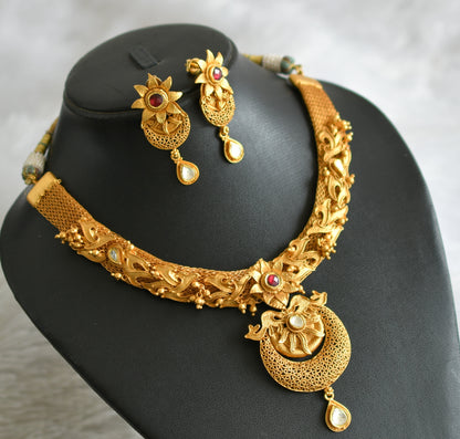 Matte gold tone maroon-white kundan jadau flower necklace set dj-47548