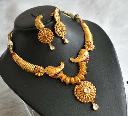 Matte gold tone kemp-white kundan jadau mango necklace set dj-47547