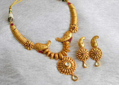 Matte gold tone kemp-white kundan jadau mango necklace set dj-47547