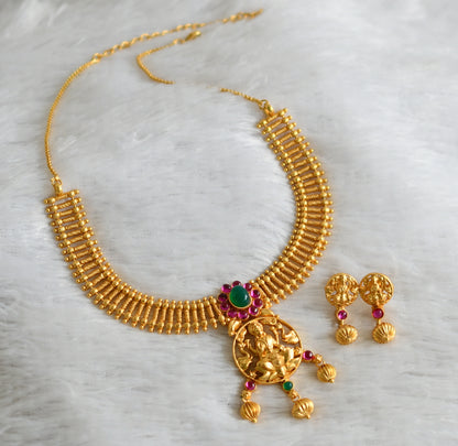 Gold tone pink-green lakshmi elephant necklace set dj-47542