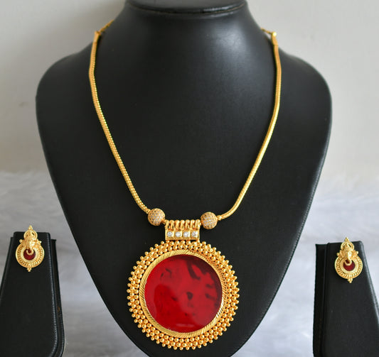 Gold tone kerala style white stone ball red round kodi necklace set dj-47836