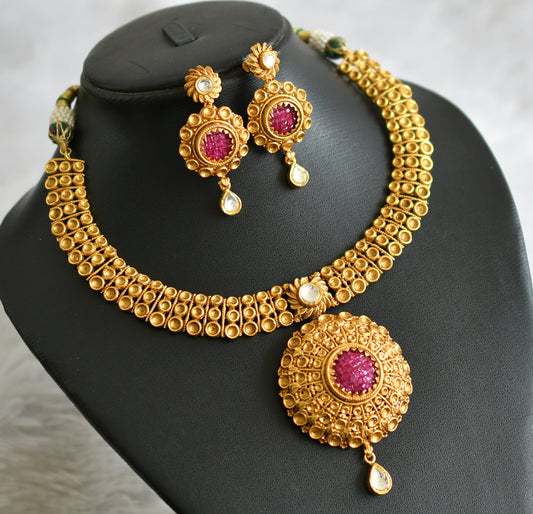 Matte gold tone ruby-white kundan jadau necklace set dj-47546